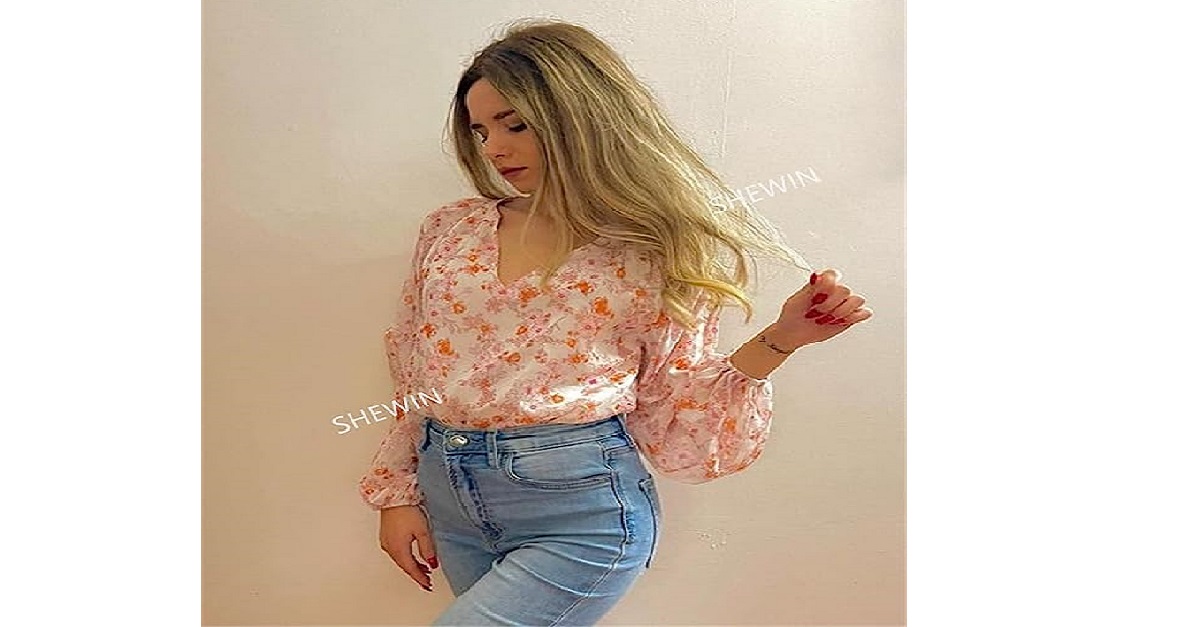 SHEWIN Women’s Casual Boho Floral Print V Neck Long Sleeve Loose Blouses Shirts Tops