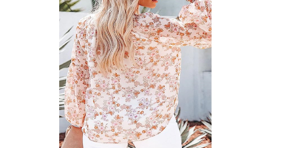 SHEWIN Women’s Casual Boho Floral Print V Neck Long Sleeve Loose Blouses Shirts Tops