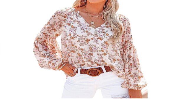 SHEWIN Women’s Casual Boho Floral Print V Neck Long Sleeve Loose Blouses Shirts Tops